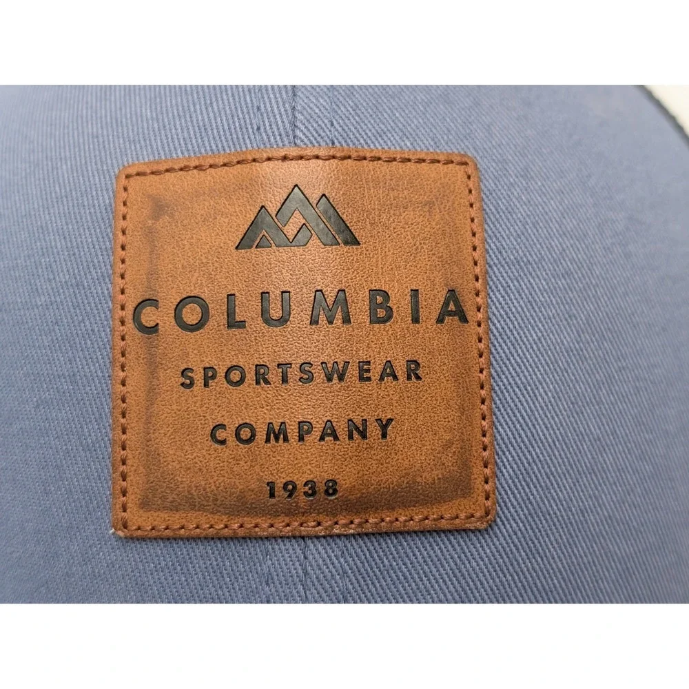 Columbia Trucker Hat Mens Blue PFG Mesh Cap Flexfit Leather Patch Outdoor Hat